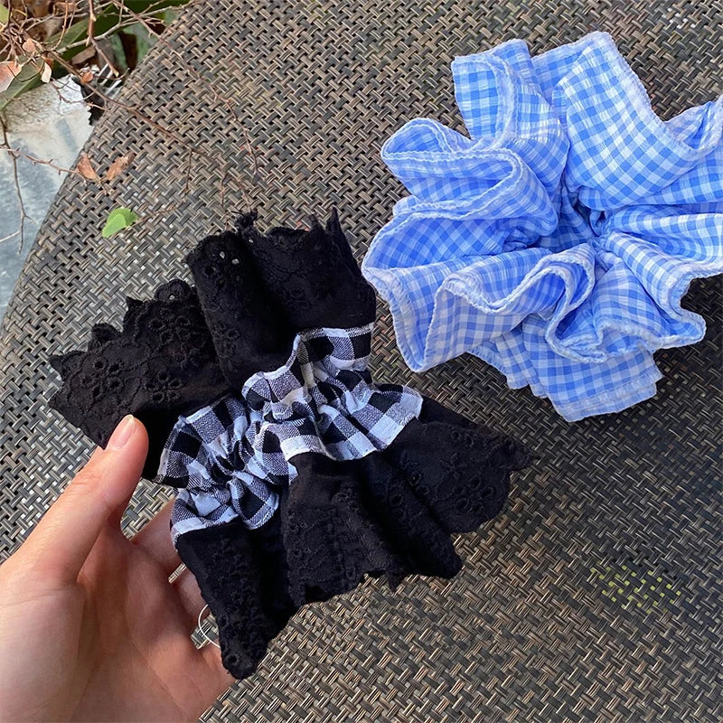 nvxiot - Lace Large Intestine Hair Scrunchies Women Double Layer Plaid Cotton Elastic Headwear Fashion Styling Sweet Hair Accessories