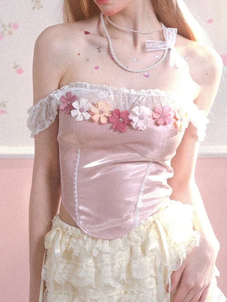 MQTIME - Pink Flower Off Shoulder T Shirts for Women Ballet Style Lace Patchork Corset Y2k Tops Summer Fashion Aesthetic Clothes