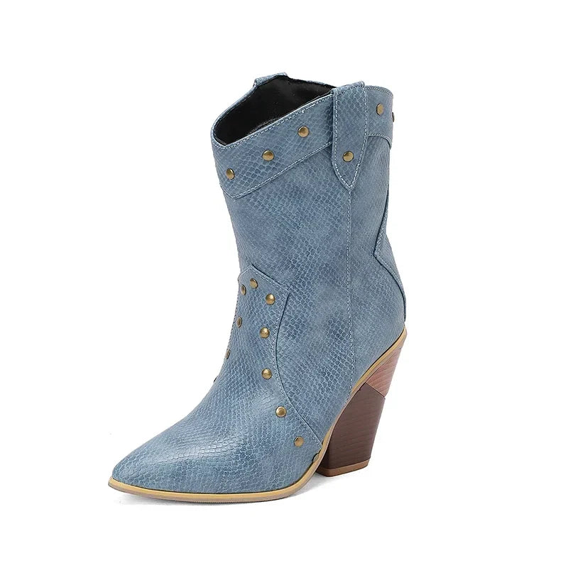 MQTIME - 2024 new autumn winter women ankle boots plus size 22-28cm pu upper pointed toe metal rivet high heel western boots