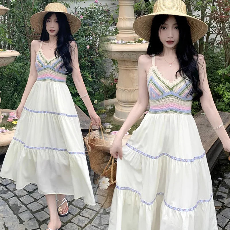 nvxiot - National Trend Pregnant Woman Summer Holiday Dress Sleeveless Knitted Striped Patchwork Chiffon Dress Maternity Beach Clothes