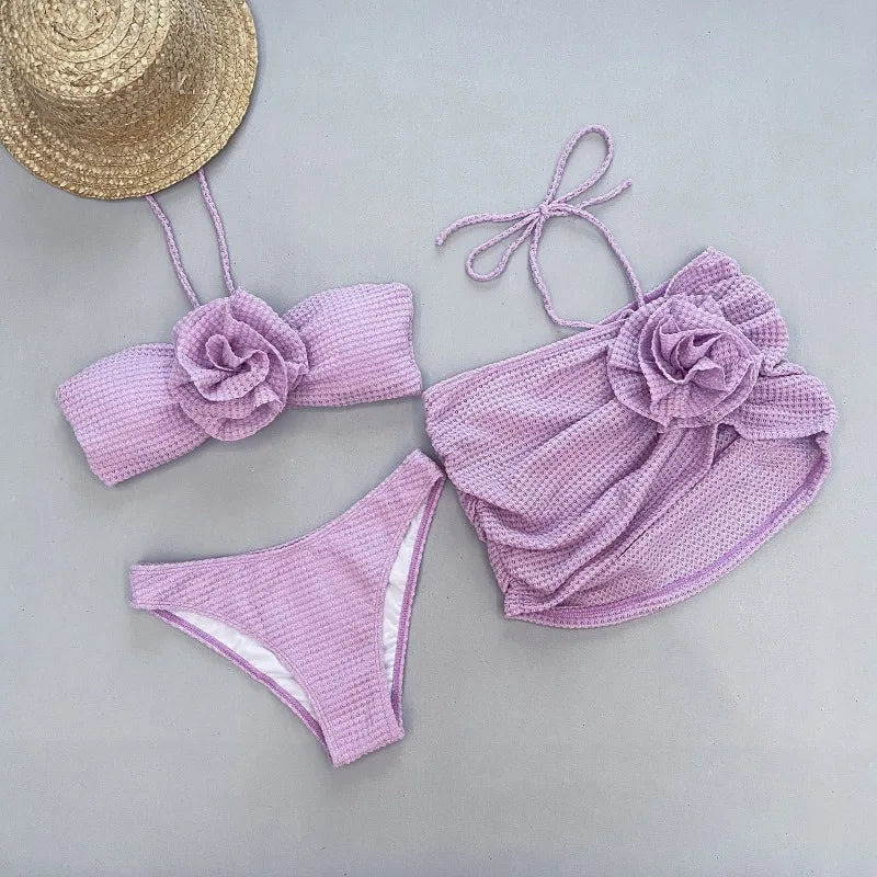 nvxiot - 3D Flowers Solid Crochet Knitted 3 Piece Set Swimwear Wineb Sext Strapless Crop Tops + Briefs + Mini Skirts Holiday Beach Suits
