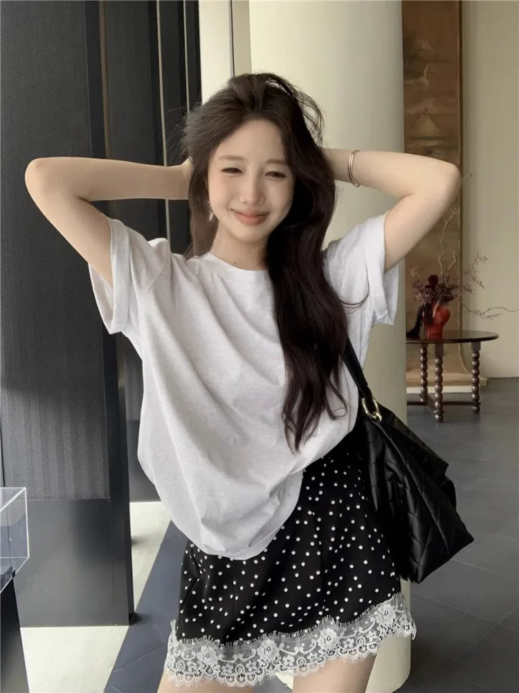 MQTIME - Vintage Dot Print Black Skirt Women Lace Patchwork Elastic High Waist Mini Skirts Summer Korean Fashion Cutecore Clothes