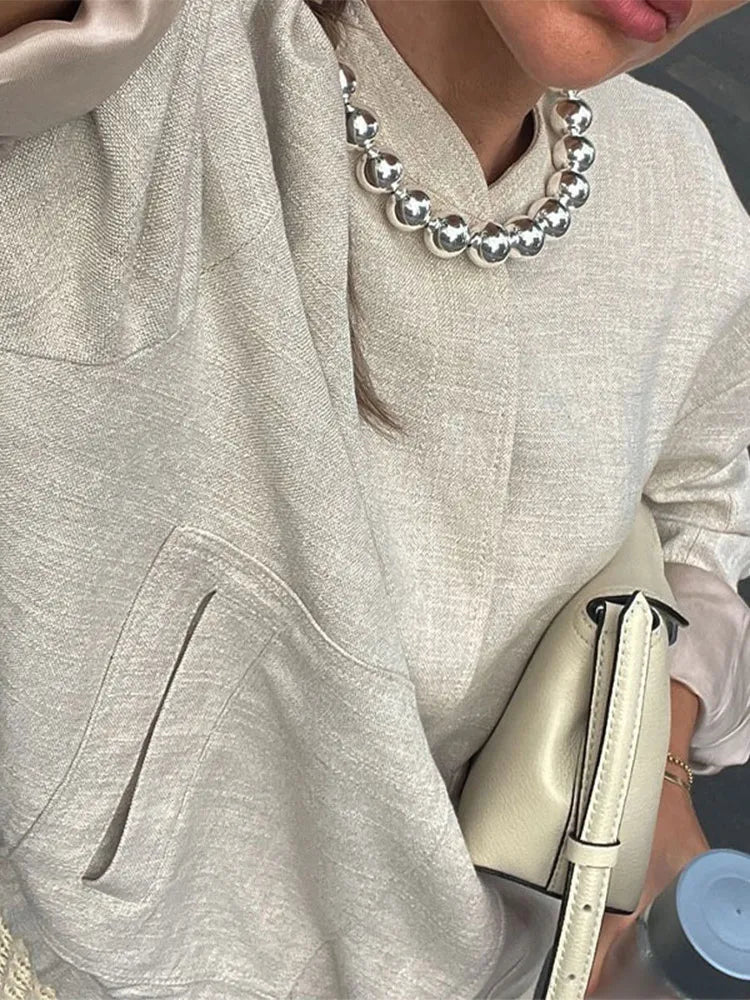 MQTIME - Autumn Elegant Linen Solid Loose Stand Collar Buckle Jacket 2024 Women's Long Sleeves Coat Office Lady Streetwear Jacket