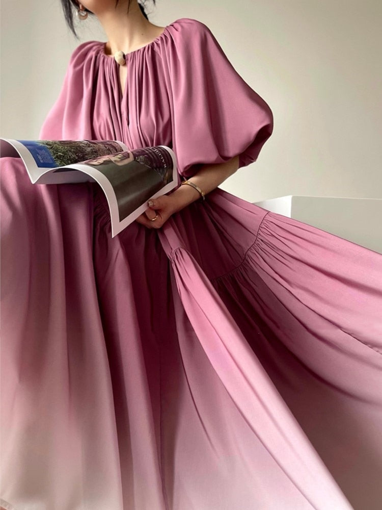 nvxiot French Elegant Oversized Pleated Party Dresses For Women Summer Puff Sleeve Lace Up Vintage Robe Female Birthday Clothing