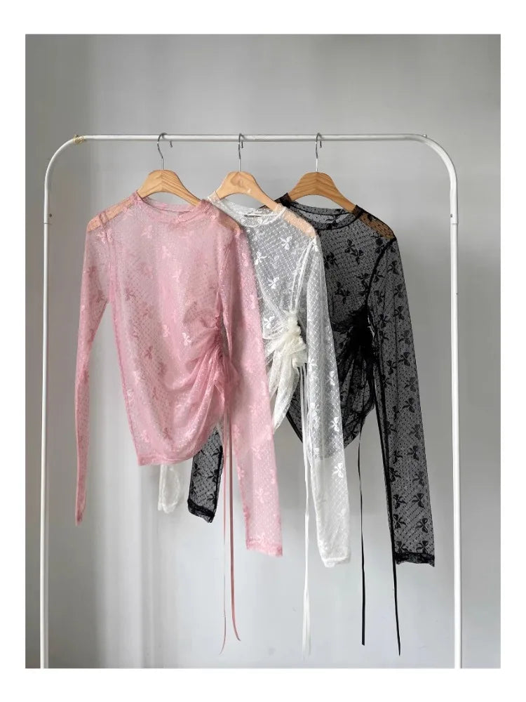 nvxiot - Spring Summer Y2k Tops Pleated Lace-up See-through Lace Base T-shirt Bow Printing Woman Korean Fashion Camisetas