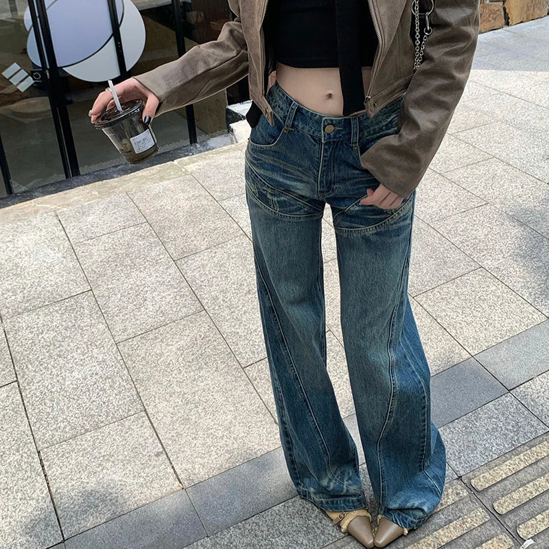 nvxiot Korean Retro Splicing Loose Casual Jeans Y2K Women Autumn New High Waist All Match Washed Denim Wide Leg Pants