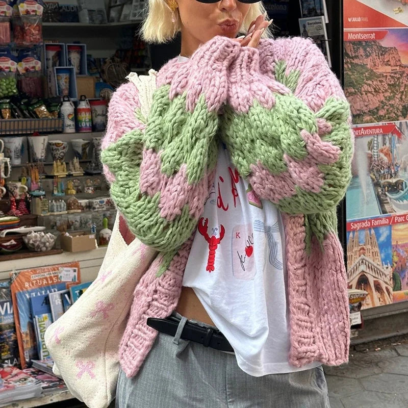 nvxiot - Stripe Pattern Cropped Cardigans Vintage Lantern Sleeves Knitted Sweater Aesthetic Y2k Knitwear Coat Women Autumn Outwear Street