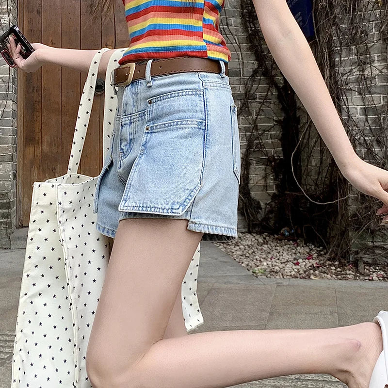 MQTIME - Women's Light Blue High Waisted Denim Shorts Summer Young Girl Vintage American Street Style Female Loose Mini Jeans