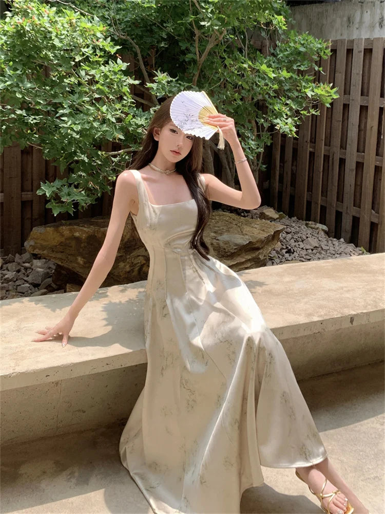 nvxiot - New Elegant Satin Sling Dress for Women Summer 2024 Sleeveless Spaghetti Strap Square Neck Slim Vintage Female Print Dresses
