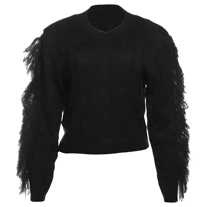 MQTIME - Tassel Long Sleeve Sweater For Women's 2024 Winter Slim O Neck Short Pullover Autumn Street Red Trendy Slim Knit Sweater