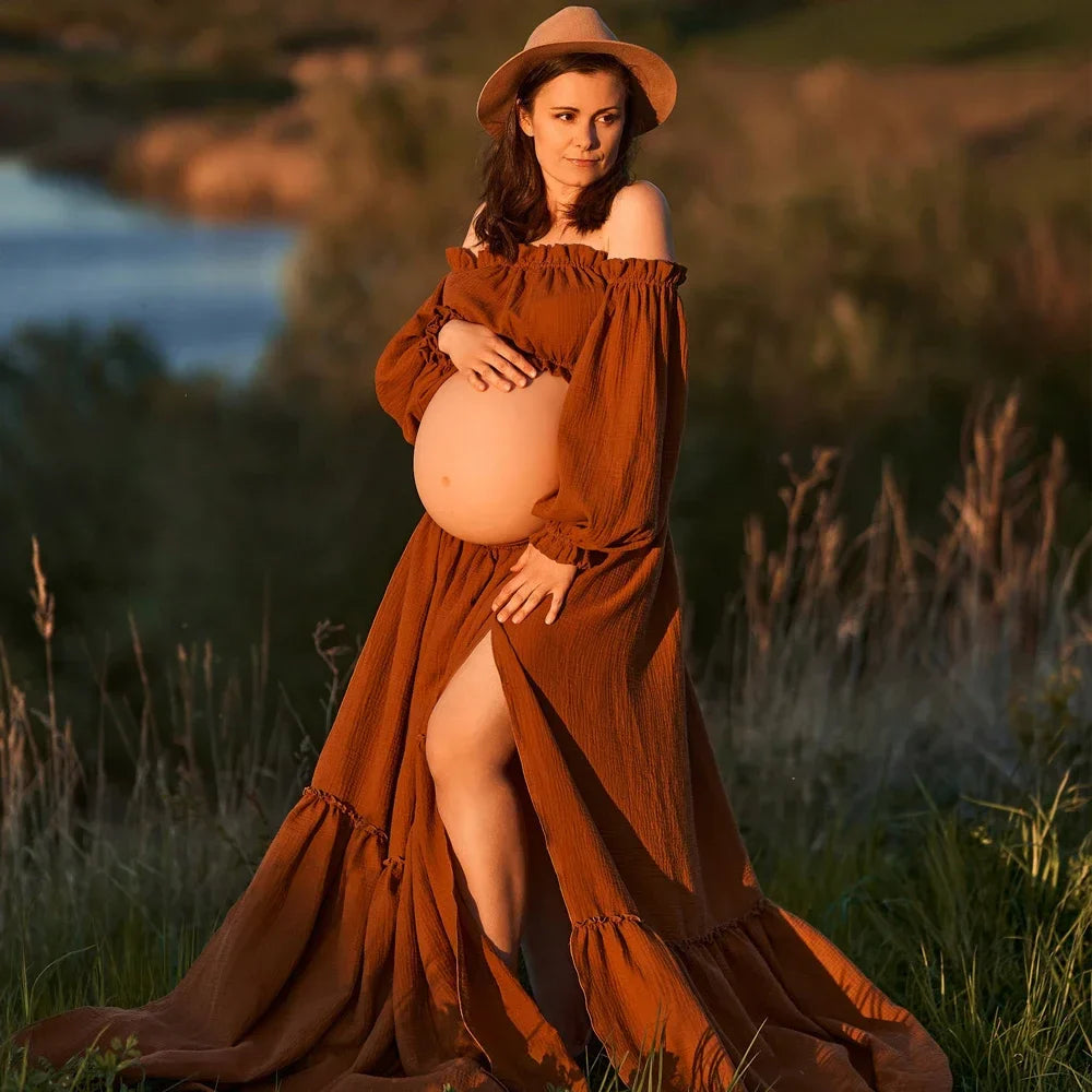 nvxiot - Retro Bohemian Pregnancy Dress Photo Shooting Comfortable Maternity Wear Linen Cotton sexy Off Shoulder Top Large Skirt Hem
