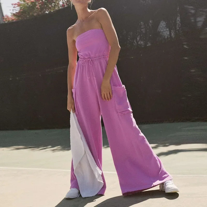 MQTIME - Strapless Tube Jumpsuit Sleeveless Solid Color Adjustable Drawstring Playsuit Elastic Waistband Slouchy Wide Legs Romper YDL44
