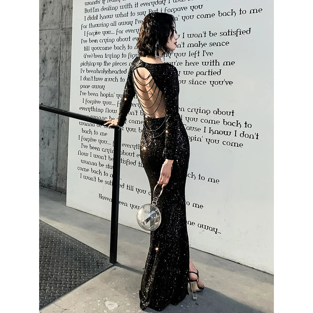 MQTIME - Sexy Black Mermaid Banquet Dress Deep V-Neck Beading Backless High Slit Floor Length Formal Evening Dresses Maxi Vestido