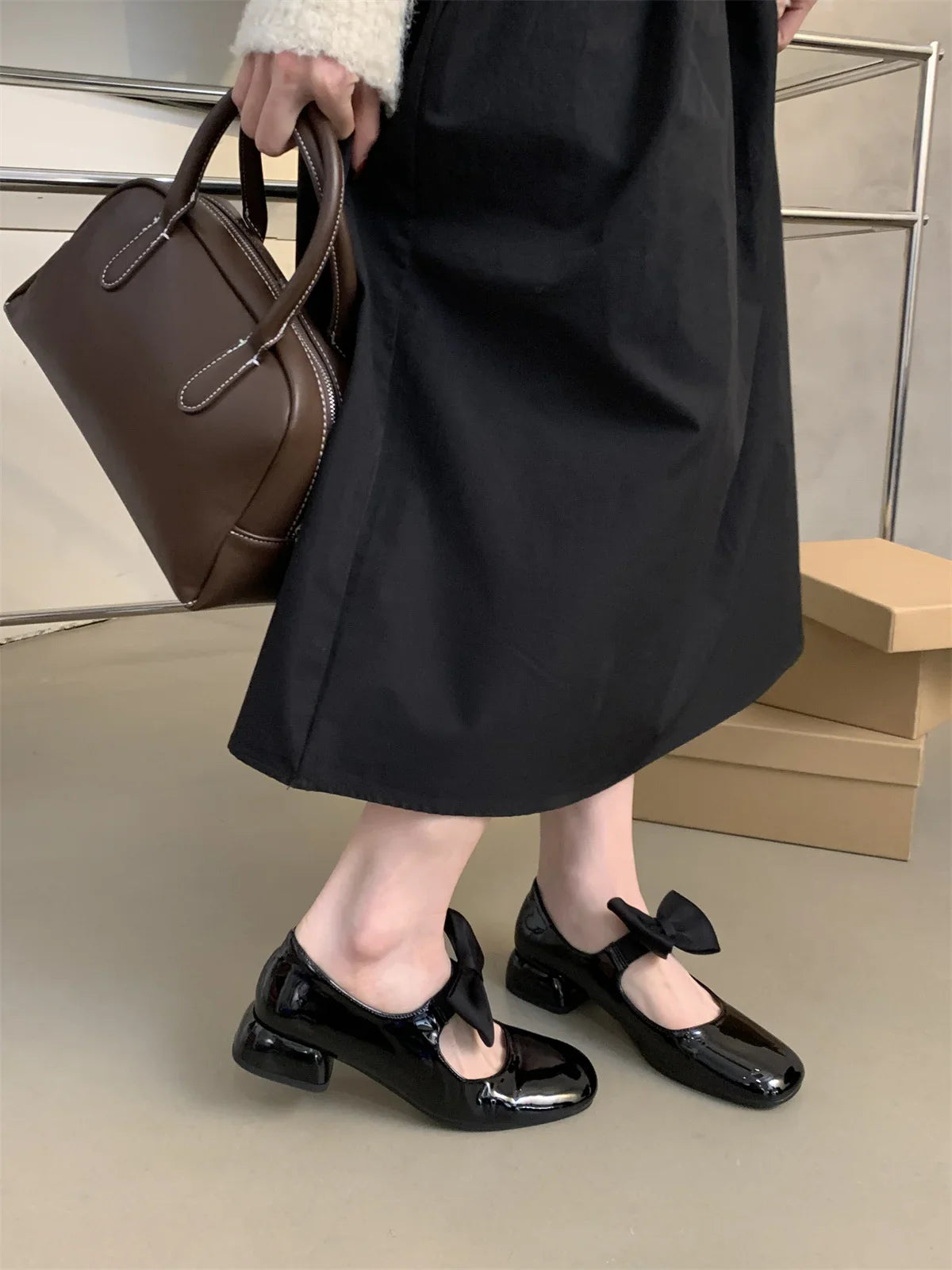 MQTIME - Butterfly Knot Med Heels Loafers British Style School Shoes Preppy Style Young Lady Daily Wear French Square Toe Chunky Heel Sho