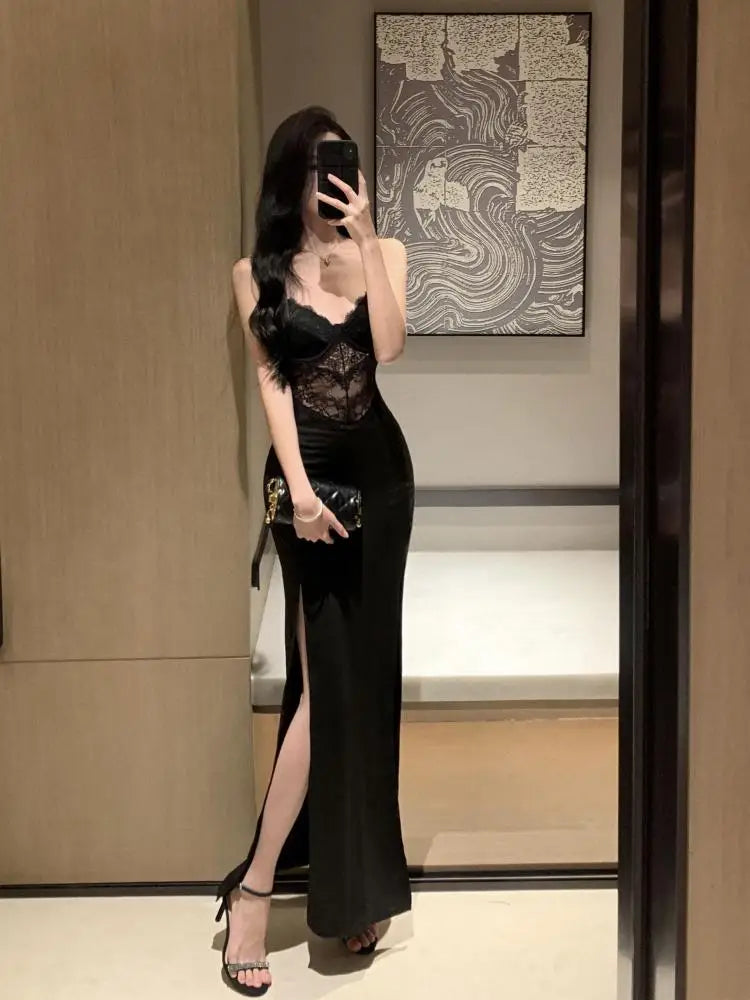 nvxiot - Summer Retro Black Sleeveless Sex Club High Split Slip Long Dress 2024 Fashion Women Elegant Backless Evening Party Lace Dresses