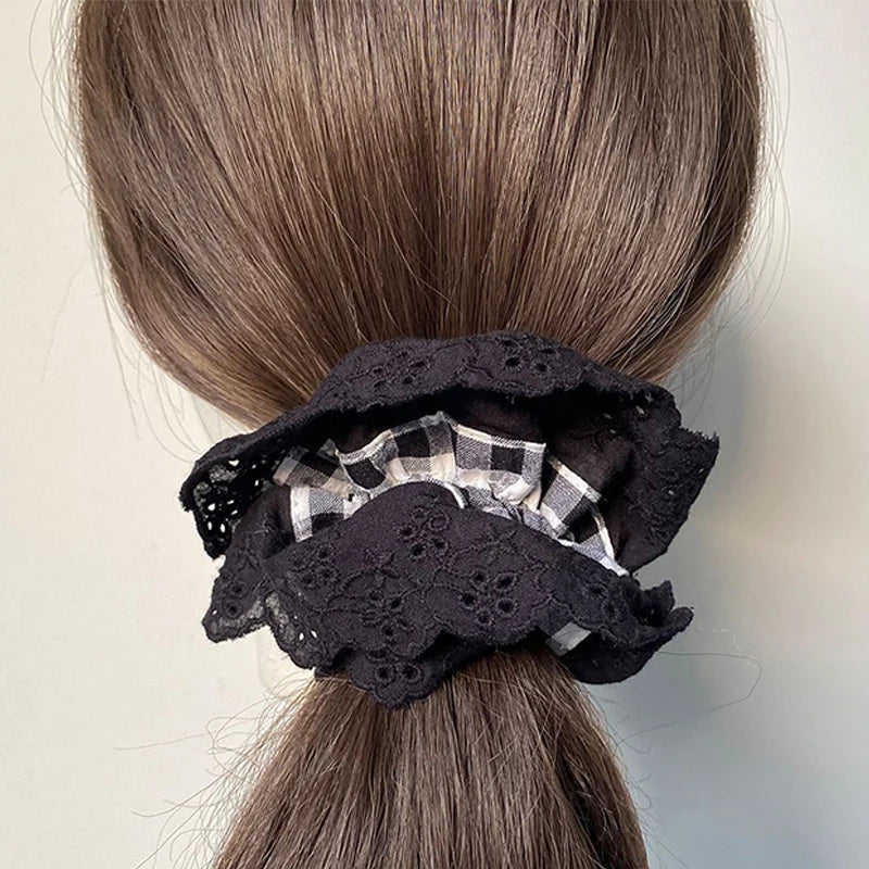 nvxiot - Lace Large Intestine Hair Scrunchies Women Double Layer Plaid Cotton Elastic Headwear Fashion Styling Sweet Hair Accessories