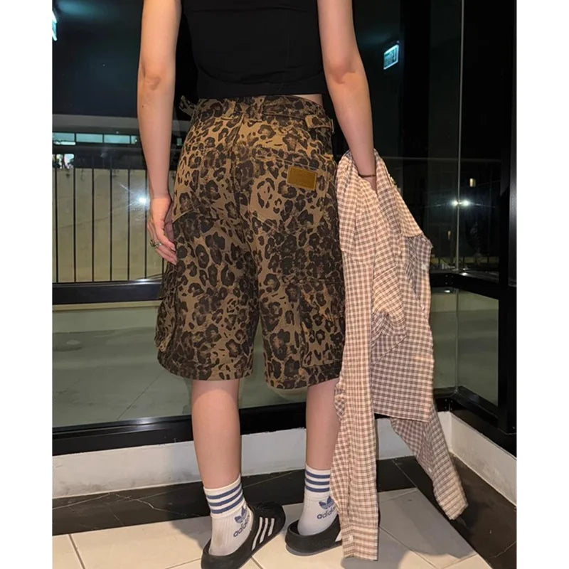 nvxiot - Women's Shorts Jeans Leopard Print High Waist Straight Pants Streetwear Cargo Y2K Vintage Female Wide Leg Denim Shorts Pants