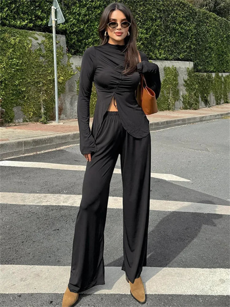 nvxiot - Fall Outfits 2024 Pleated Lace-Up 2 Piece-Set Casual Trousers Slim Long Sleeve Cropped Top And Patchwork Trousers Sets Female Pants Sets New