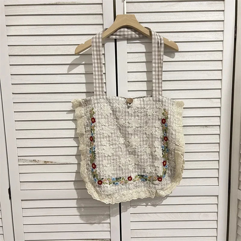nvxiot - Women Vintage Plaid Lace Embroidery Single Shoulder Bags Totes Women's Soft Floral Cotton Large Capacity Bag