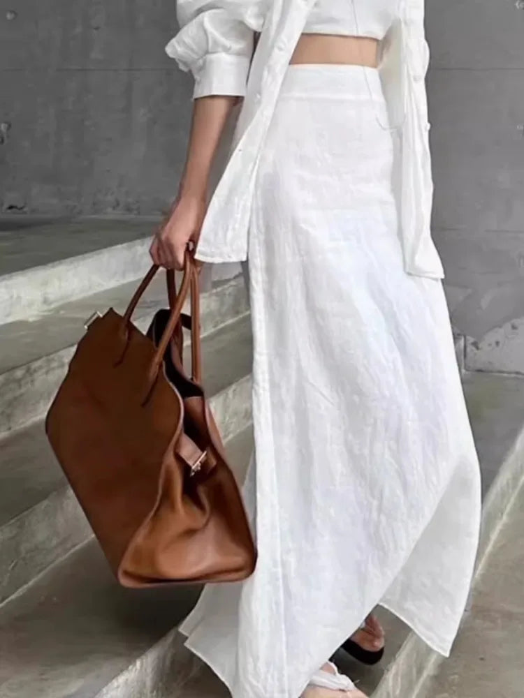MQTIME - Vintage White Linen Maxi Skirt Straight Cotton High Waisted Split Casual Long Skirts for Women Office Lady Summer Skirt