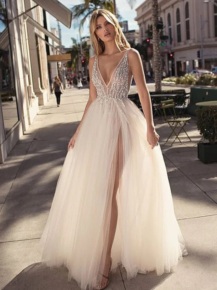 MQTIME - Simple A-line Wedding Dresses 2023 Chiffon Appliques Bride Party Gowns Lace Custom Bridal Robe De Mariee vestido de noiva