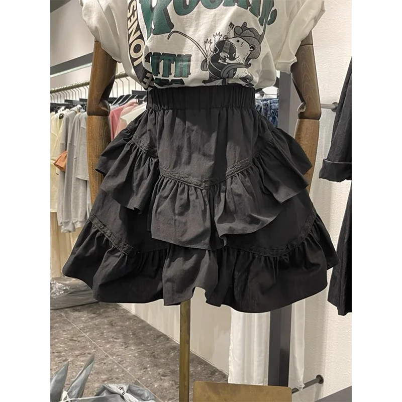 MQTIME - Korean Fashion Summer New Chic Sweet Ruffle Edge Spliced Black Skirt Elastic High Waist Slimming Fluffy Short Skirts for Women