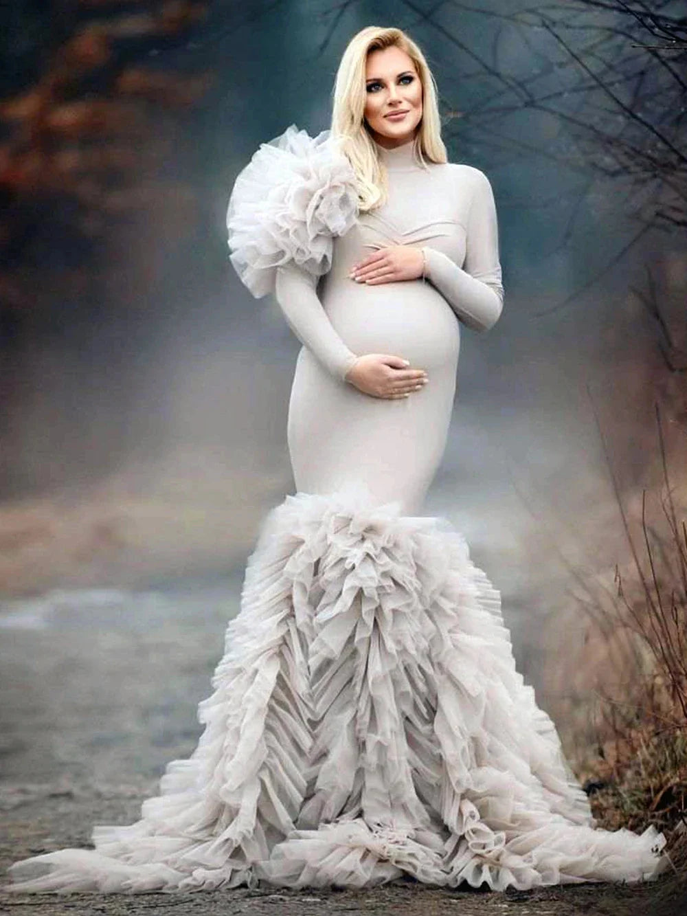 nvxiot Elegant Spandex Mermaid Maternity Dresses for Pregnant Woman Tiered Tulle Bottom Maternity Gowns Babyshower Dress Photoshoot