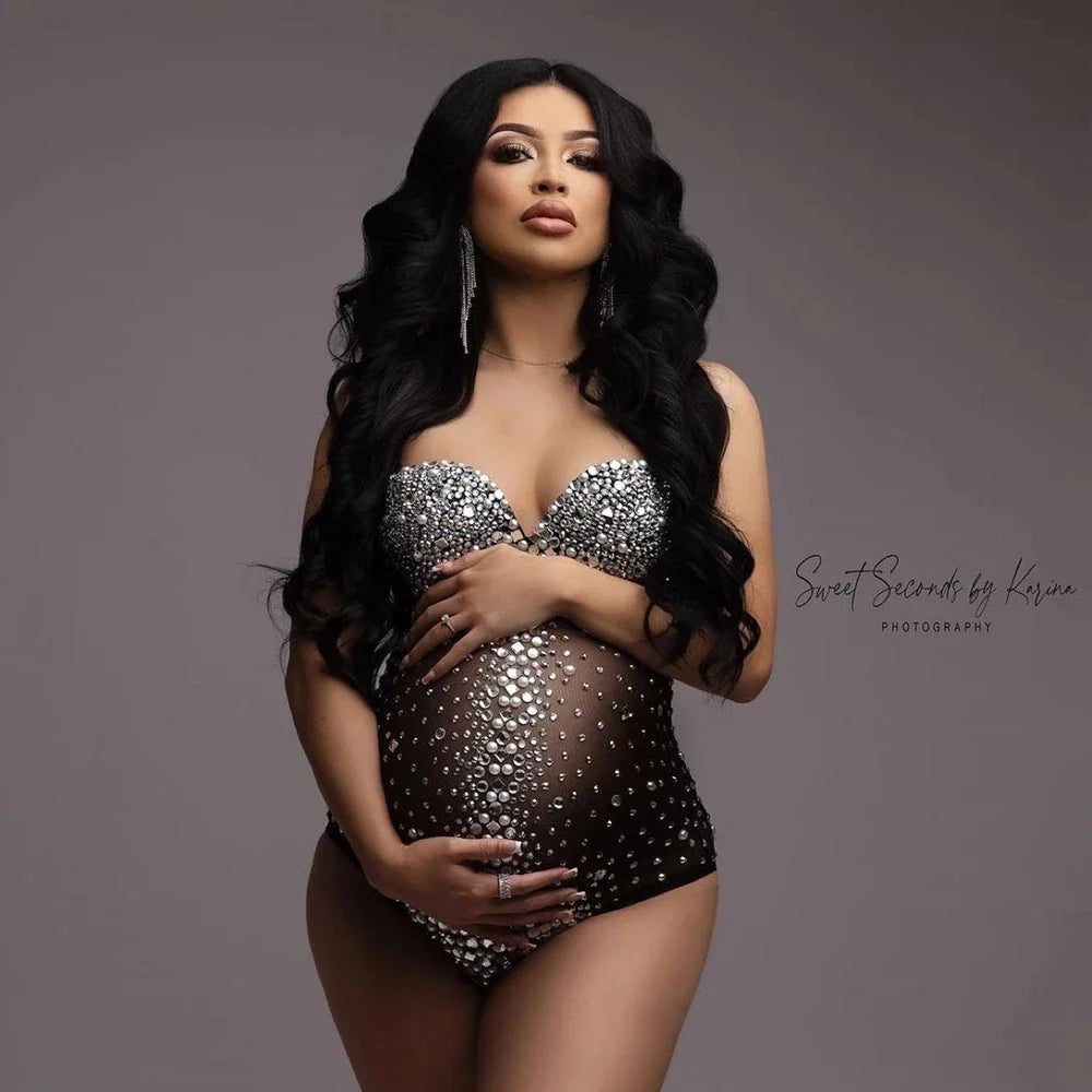 nvxiot - Maternity Photography Sexy Goddess V Neck Rhinestones Pearls Luxurious Stretch Jumpsuits Dress For Photo Shoot Props