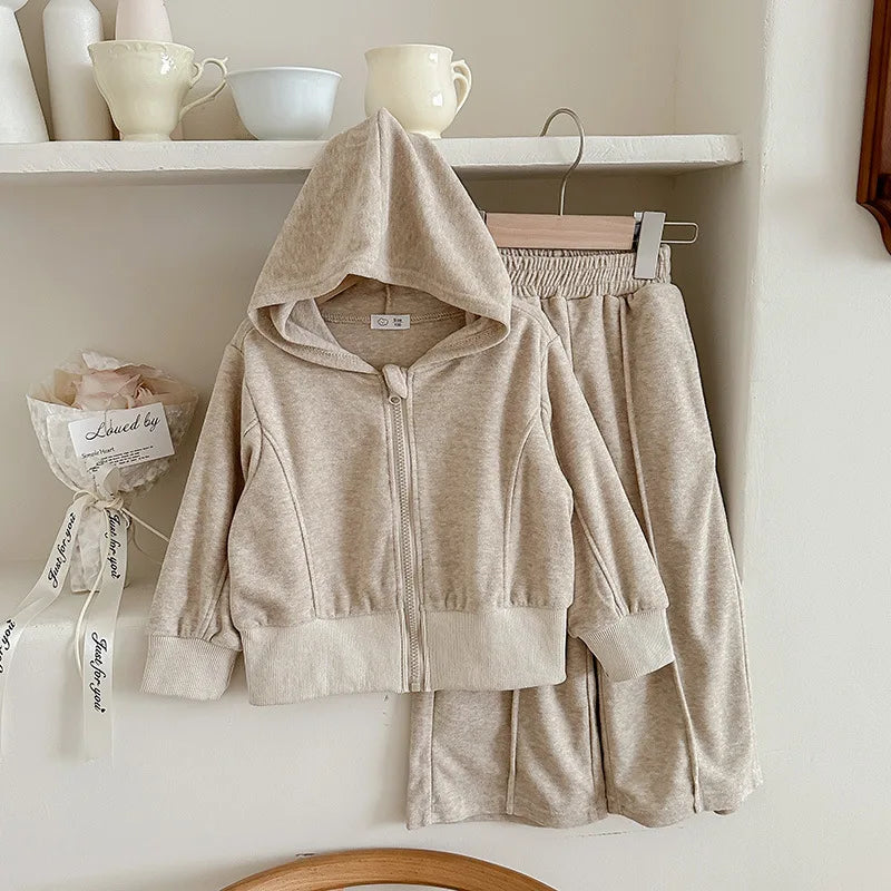 MQTIME - Girls 2 Piece Clothes Set Cotton Baby Girl Hooded Elastic Hem Coat Kid Girl Solid Wide Leg Pant Outfit Children Girl Suit