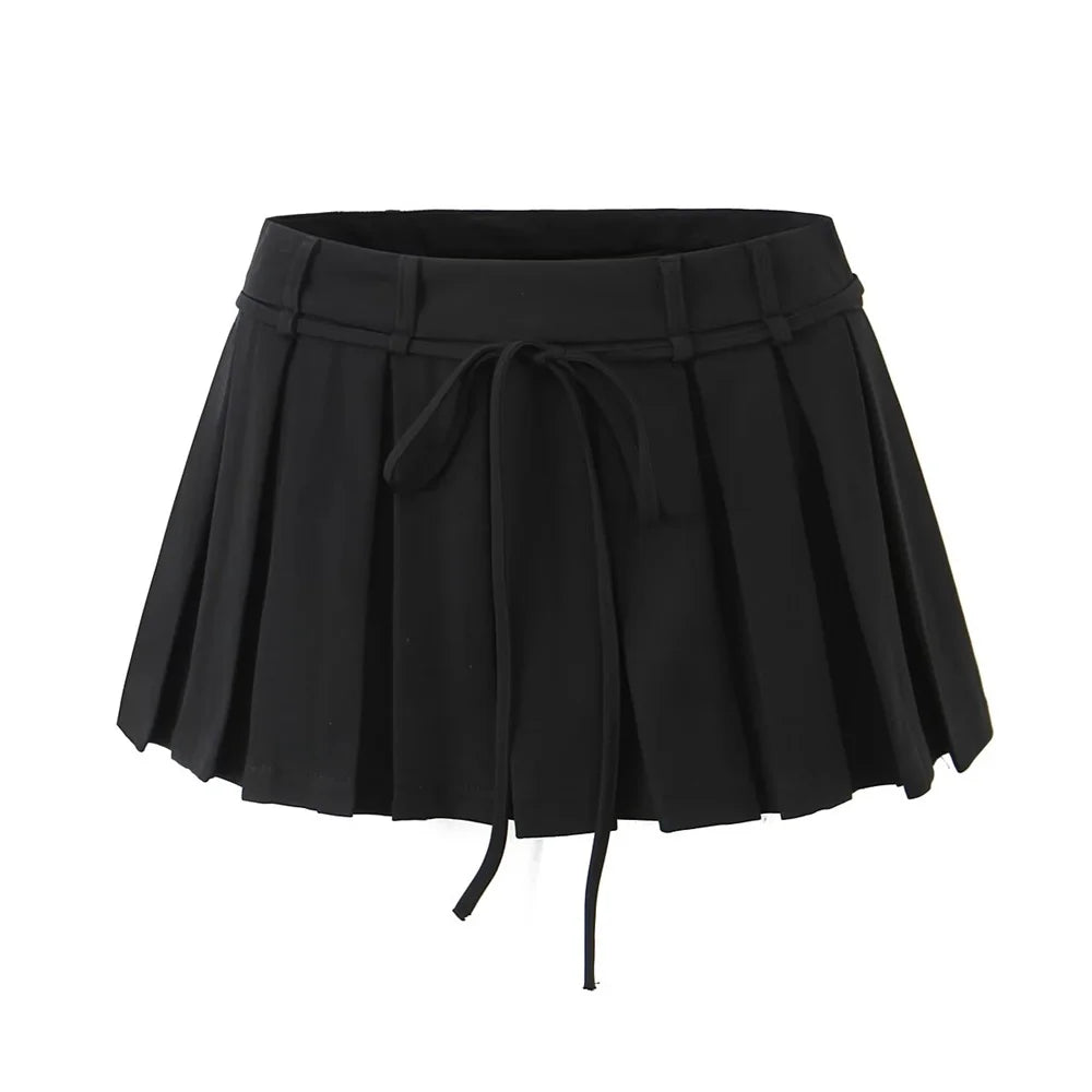 MQTIME - 2024 Summer New Product Women's Retro Strap Design Solid A-line Mid Waist Pleated Half skirt