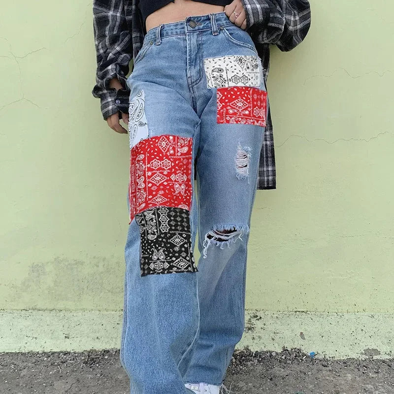 nvxiot - New Fashion Streetwear Bandana Patchwork Denim Pants Hole Ripped Jeans Women Fashion High Waist Jeans Straight Trousers