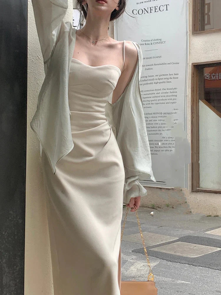 nvxiot - New Fashion Vintage Bodycon Dress for Women Elegant Sleeveless Spaghetti Strap Slim Solid Formal Dress French 2023 New Summer