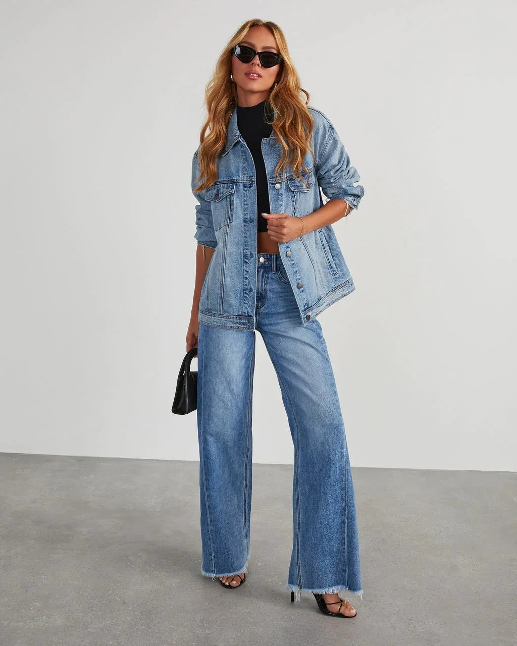 MQTIME - Women's Denim Jeans Wide Leg Pants High Waist Fashion Cotton Trousers Autumn Tide Straight Pants De Mujer Frayed Hem Jeans