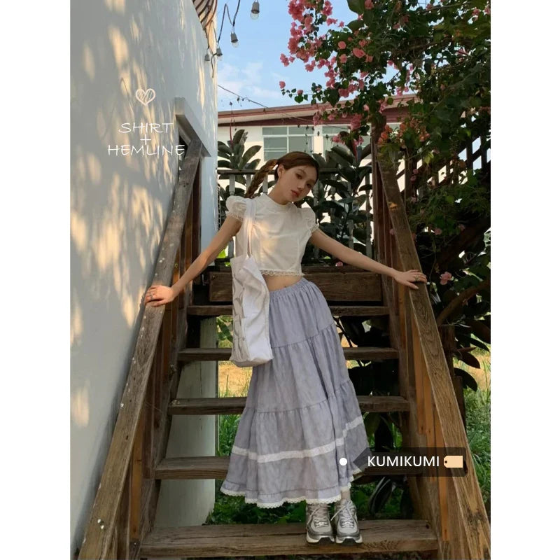 MQTIME - Elastic Waist Cotton Plaid Skirt with White Lace Hem Midi Long Skirts Women Summer #e-girl fairycore 2000s aesthetic korean cute
