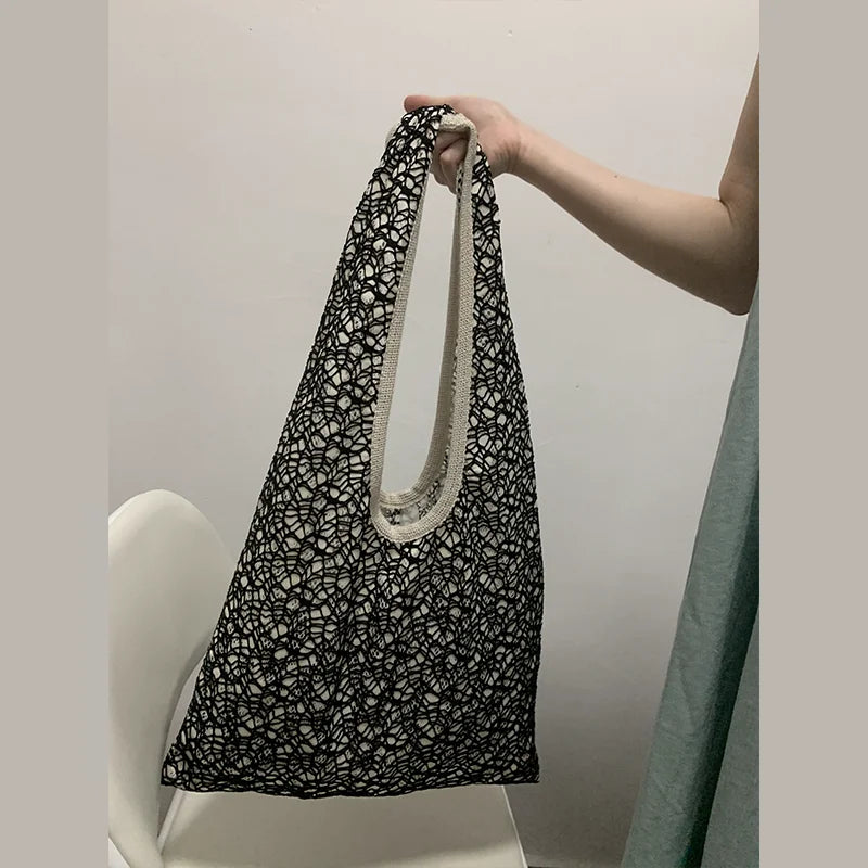 nvxiot - Women Fishing Net Handbag Hollow Out Casual Handbag Solid Color Large Capacity Soft Summer Beach Shopping Bag