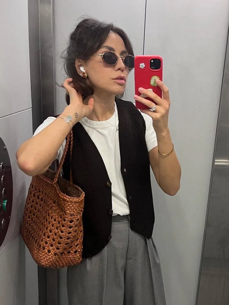 MQTIME - Fashion Casual Knitted Vest Women Elegant Single Breasted Solid Basic Sleeveless Sweater Vest Female Jacket Tops New Year 2024