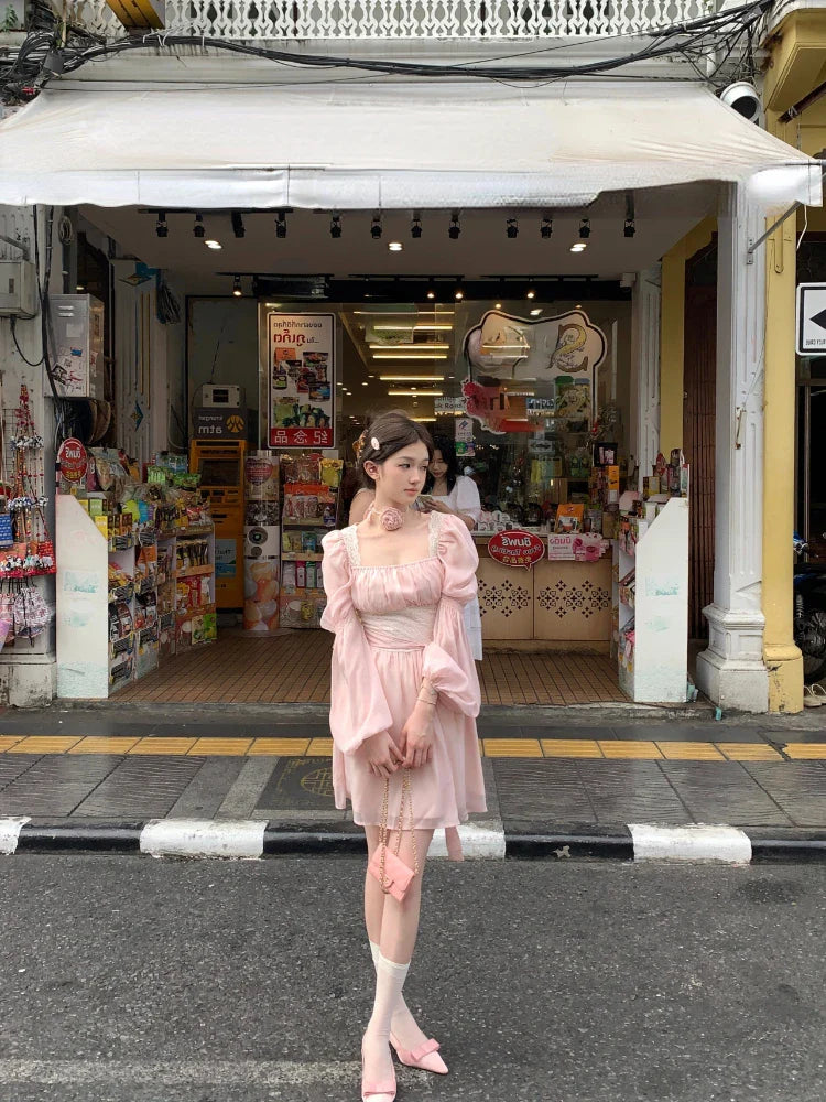 MQTIME - 2024 Summer Woman French Elegant Lace Midi Dress Party Long Sleeve Korean Fashion Dress Beach Chiffon Fairy Slim Dress Chic