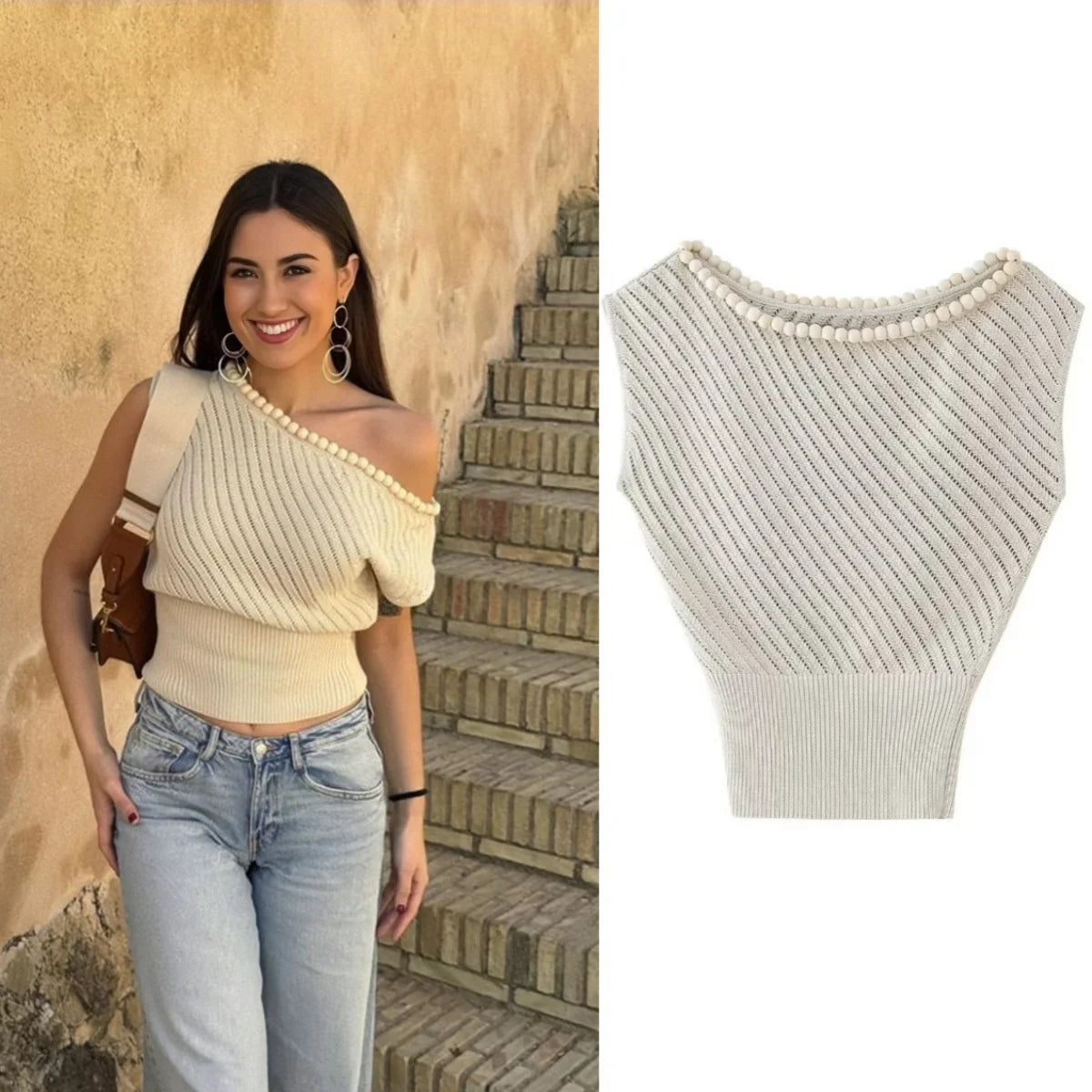 MQTIME - women's 2024 summer new simple temperament round neck sleeveless oblique pleated top 3920/023