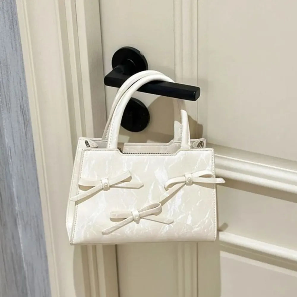 nvxiot - Hot Girls Bow White Mini Tote Bag Women Sweet Cool Bow Chic Leather Y2k Hand Bag Ladies Harajuku Aesthetic Messenger Bag