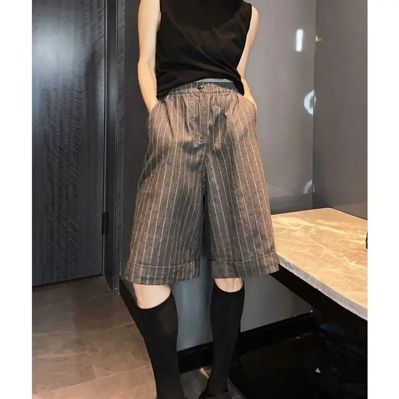 nvxiot - Summer New Versatile Casual Suit Shorts for Women Korean Fashion Stripe High Waist Slimming Split Knee Length Pants Women Trendy