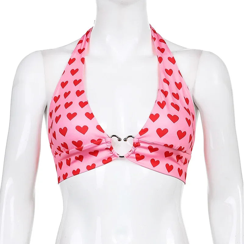 MQTIME - Pink Heart-shaped Printed Cute Cut Y2K Top for Women's Beautiful Kawaii Clothing Sleeveless Backless Lace Up Bra Vest MYQH13