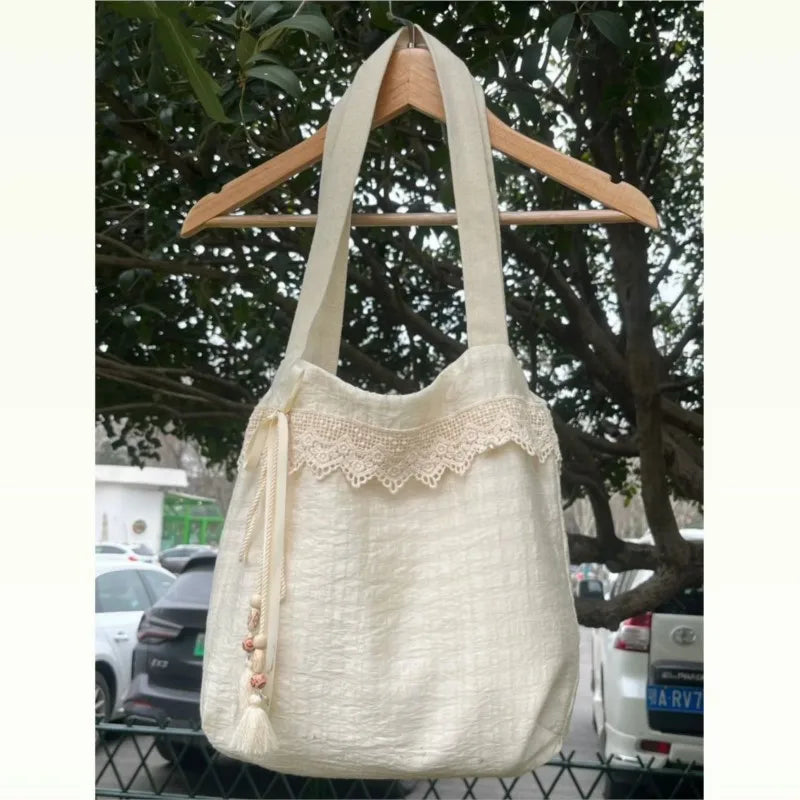 nvxiot - Harajuku Beige Canvas Shoulder Bags Women Vintage Lace Large Capcity Tote Bag Purse Female Versatile Casual Handbag Y2k