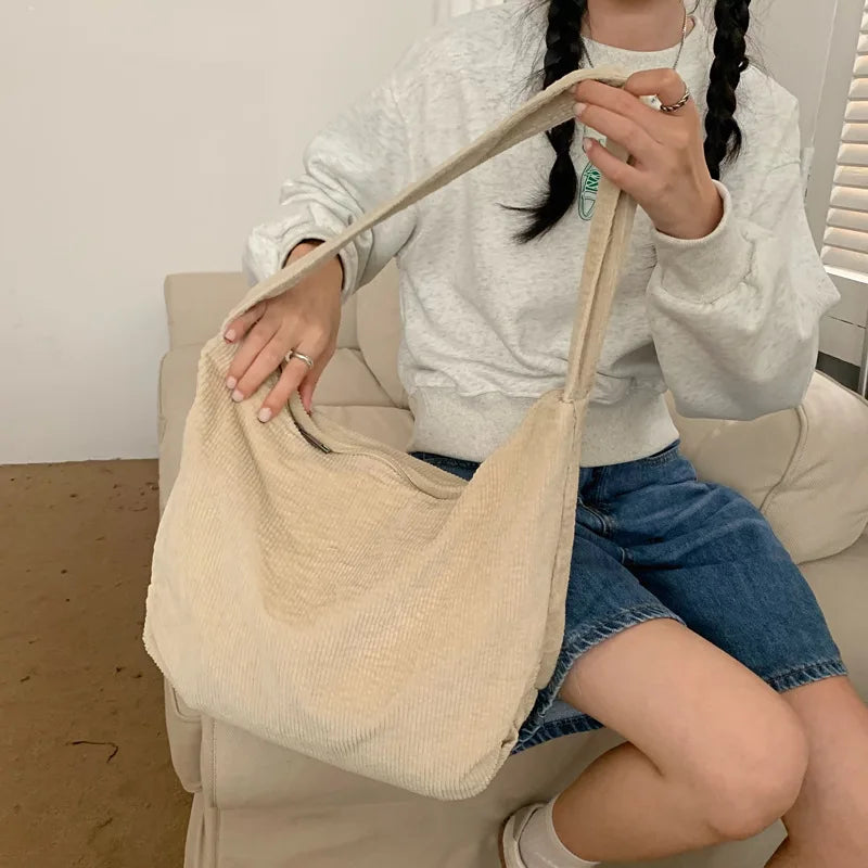 nvxiot Large Capacity Shoulder Bag Women Tote Corduroy Handbags for Female INS Fashion Big Bags Black/Beige/Red/Green/Khaki Solid Color