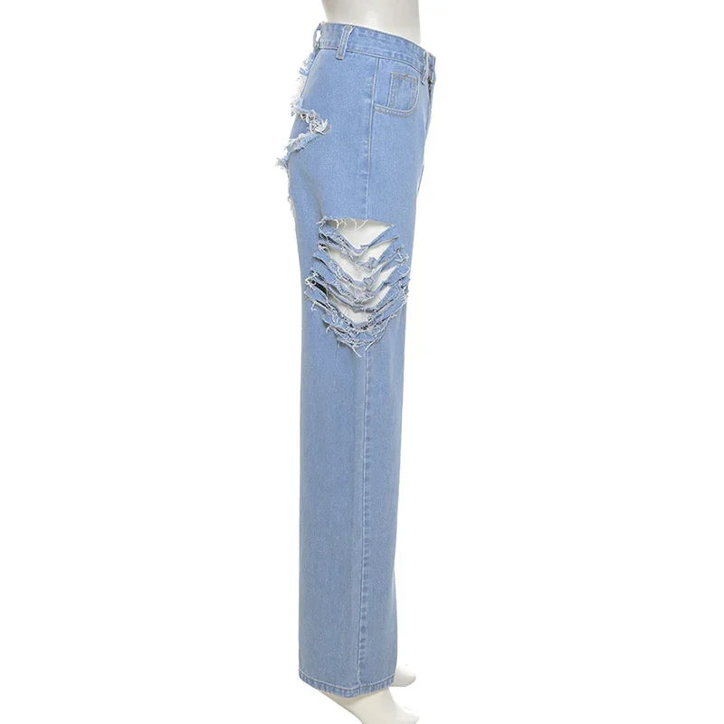 MQTIME - Women Ripped Casual Straight Denim Pants 2024 Baggy Jeans Five Pointed Star Patchwork High Waist Hole Jeans Streetwear Trousers