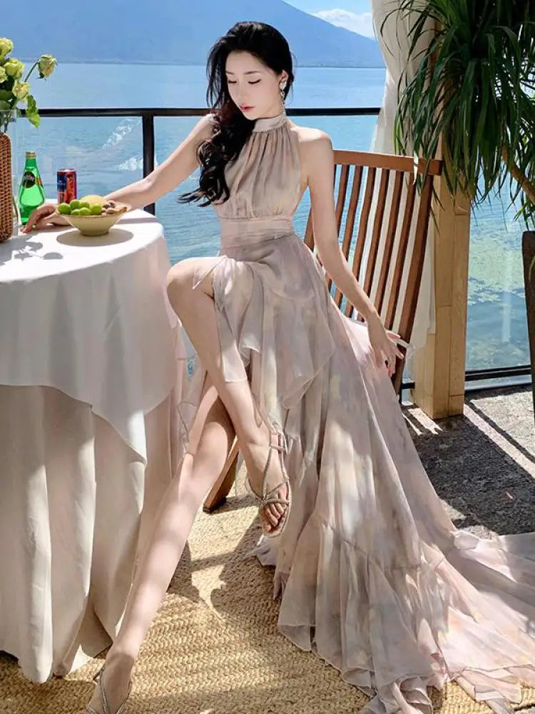 nvxiot - Summer Retro Print Halter Sleeveless Backless Slim Bodycon Birthday Dress Women Party Elegant Irregular Pleated Long Dress