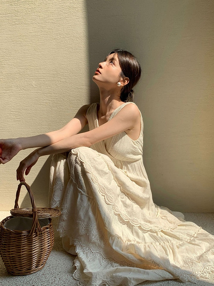 nvxiot Elegant Chic Tiered Maxi Dress V-neck Backless Rayon Beige Summer Lace Ruffles Holiday Women Casual Ladies Dresses New