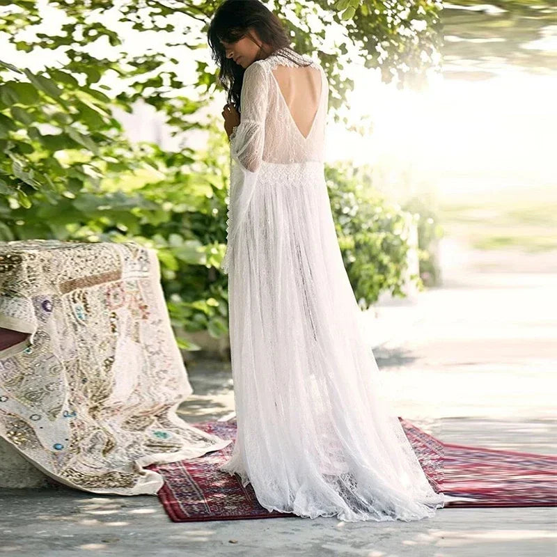 nvxiot - White Sexy Maternity Dresses For Photo Shoot Lace Fancy Pregnancy Dress Photography Props Flare Sleeve Pregnant Women Maxi Gown