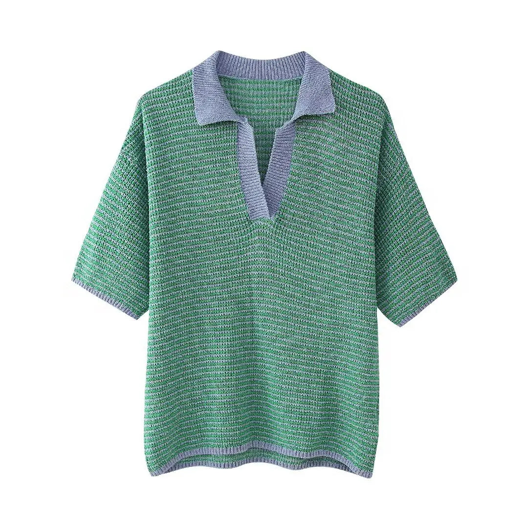 MQTIME - Women's 2024 Elegant Knitted Pullover Lapel V-shaped Polo Collar Summer Short Sleeves Striped Stylish Street Tops