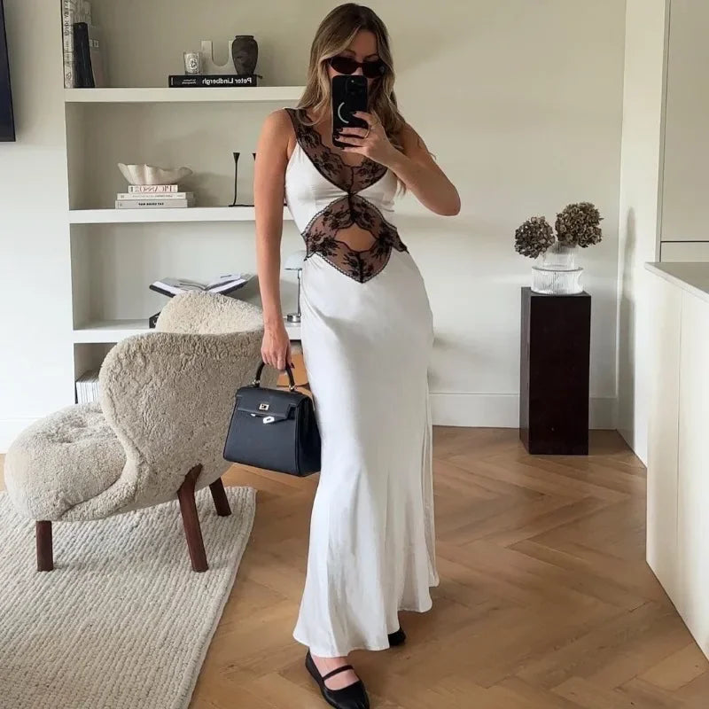 MQTIME - Hollow Lace Long Dress Women Patchwork Backless High Waist Sleeveless Dresses Party Fashion Evening Elegant Dress Femme