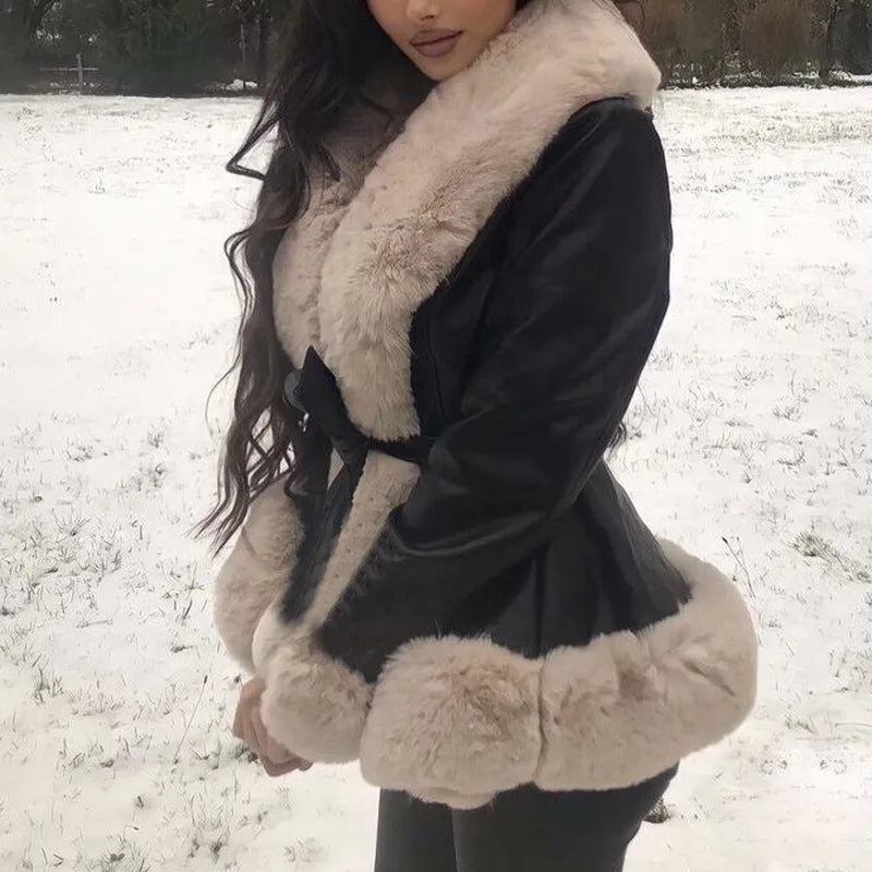nvxiot - Faux Fur Spliced PU Leather Jackets with Belt Women Warm Winter Turn Down Collar Long Sleeve Slim Coats Streetwear Outwear